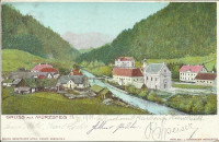 Steiermark: Gruß aus Mürzsteg Litho 1901 herrliche Ansicht,  Häuser, Fluss, Berge, Wälder usw...