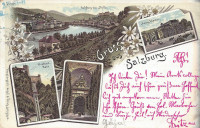 Salzburg: Gruß aus Salzburg Litho 1899 Drahtseil Bahn, Neuthor, Mülln, Theater
