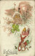 Prosit Neujahr 1916 Zwerge auf Rodel Rodeln mit Kleeblatt Prägekarte 