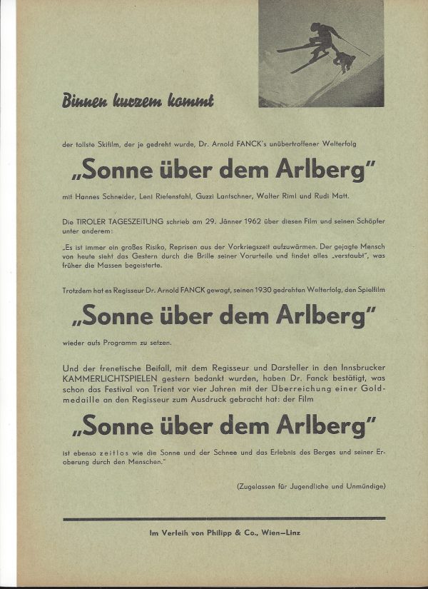 Sonne über dem Arlberg ( Dr. Arnold Fanck ) Leni Riefenstahl, A 4 Werbe Kleinplakat von 1962 Wien - Linz