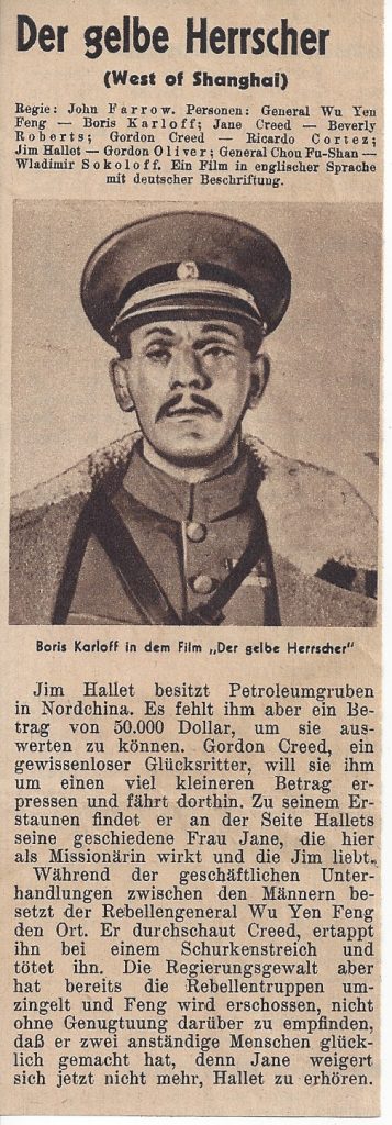 Der gelbe Herrscher ( West on Shanghai ) Boris Karloff, ( kleine Werbung aus Zeitung )