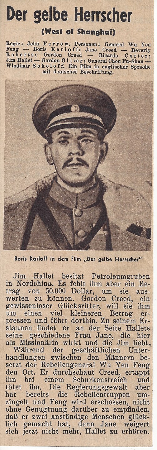 Der gelbe Herrscher ( West on Shanghai ) Boris Karloff, ( kleine Werbung aus Zeitung )