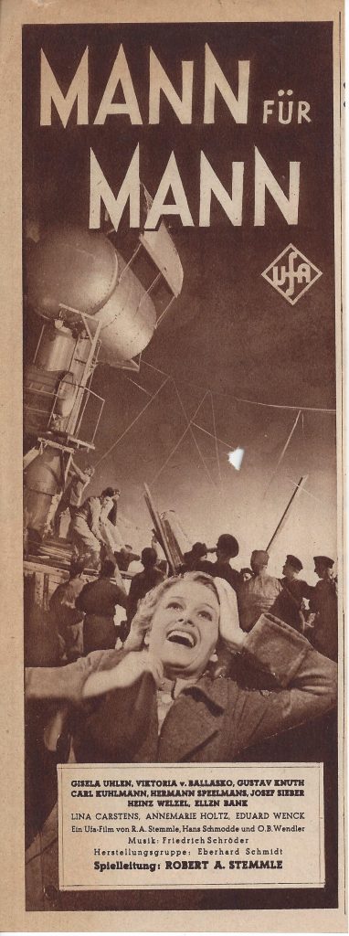 Mann für Mann ( Robert A. Stemmle ) Gisela Uhlen, Viktoria von Ballasko, Gustav Knuth, Carl Kuhlmann, Herrmann Speelmans, Josef Sieber, Lina Carstens, ( LV )