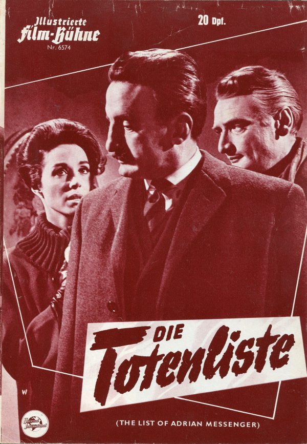 6574: Die Totenliste ( John Huston ) George C. Scott, Dana Wynter, Clive Brook, Herbert Marshall, Jacques Rou, Bernard Archard, Gladys Cooper, Tony Huston, John Marivale, Tony Curtis, Kirk Douglas, Burt Lancaster, Robert Mitchum, Frank Sinatra
