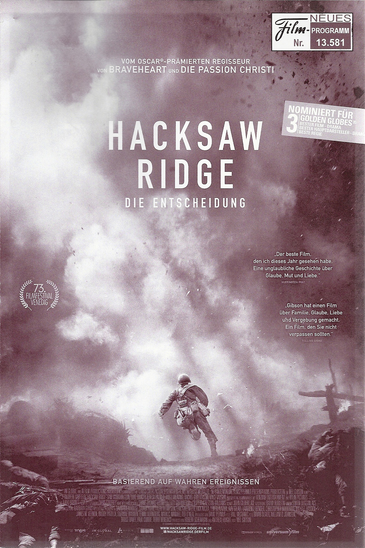 13581: Hacksaw Ridge - Die Entscheidung ( Mel Gibson ) Andrew Garfield, Teresa Palmer, Hugo Weaving, Rachel Griffiths, Luke Bracey, Sam Worthington, Vince Vaughn, Damien Thomlinson,