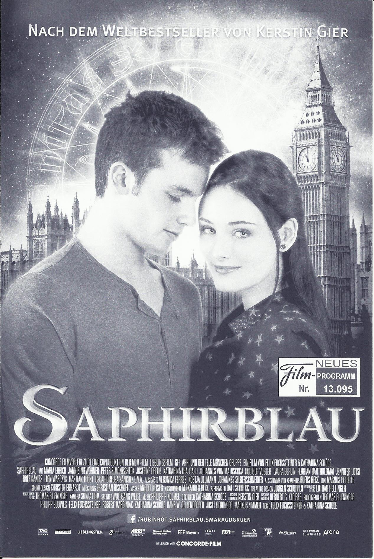 13095: Saphirblau ( Felix Fuchssteiner, Katharina Schöder ) Maria Ehrich, Jannis Niewöhner, Peter Simonischek, Josefine Preuß, Katharina Thalbach, Johannes von Matuschka, Rüdiger Vogler, Laura Berlin, Florian Bartholomai, Jennifer Lotsi, Rolf Kanies, Lion
