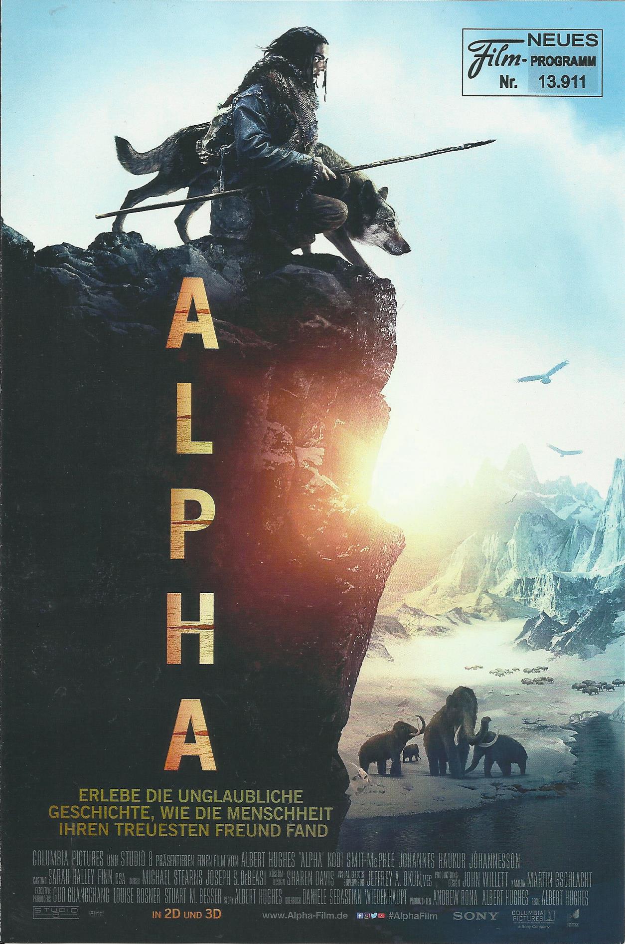 13911: Alpha ( Albert Hughes ) Kodi Smit-McPhee, Natassia Malthe, Leonor Varela, Johannes Haukur Johannesson, Jens Hulten, Mercedes de la Zerda, Spencer Bogaert, Priya Rajaratnam, Marcin Kowalczyk, Morgan Freeman, Patrick Flanagan, Louis Lay, Michael Krus