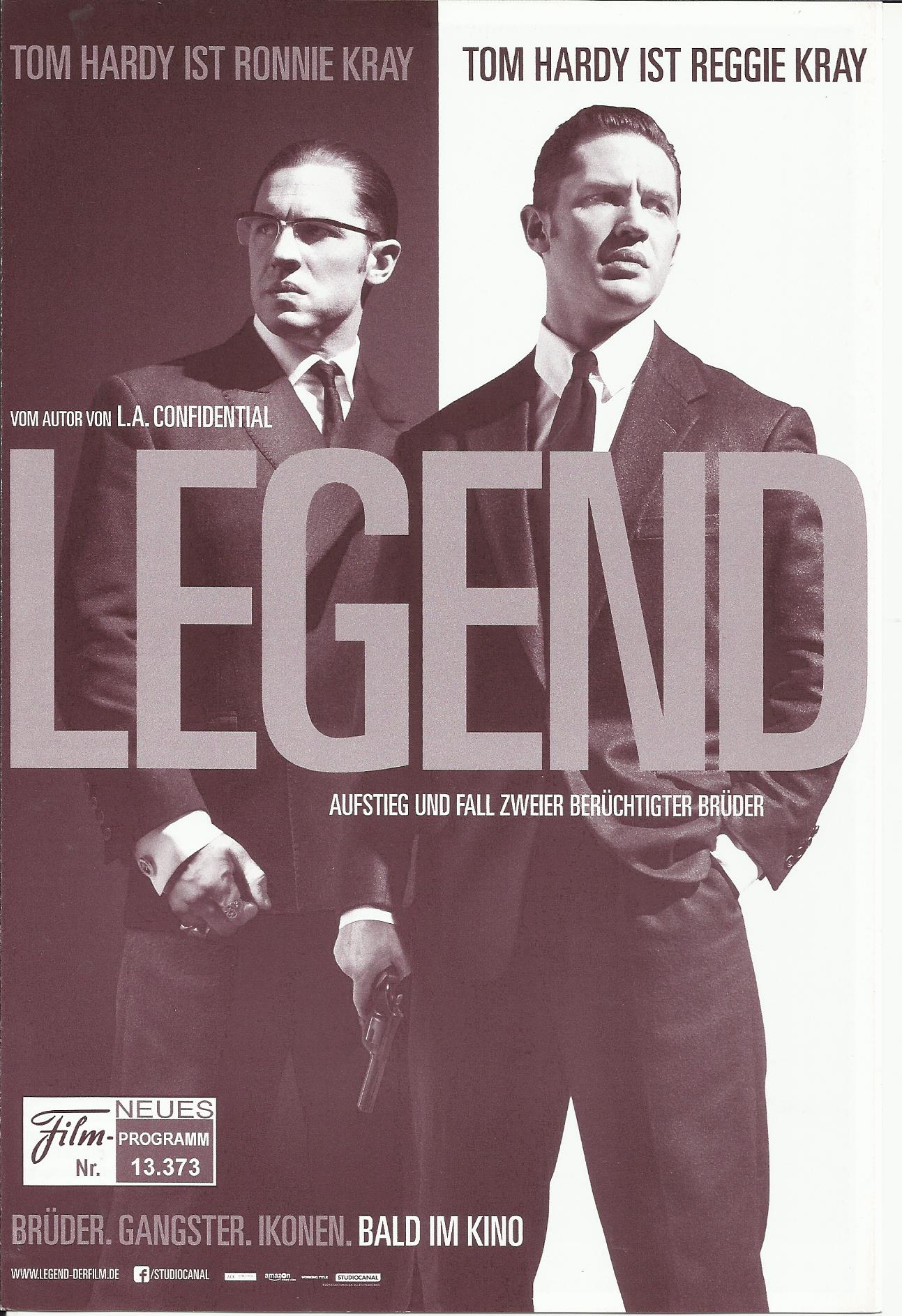13373: Legend ( Brian Helgeland ) Tom Hardy, Emily Browning, David Thewlis, Christopher Eccleston, Taron Egerton, Chazz Palminteri, Paul Bettany, Tara Fitzgerald, COlin Morgan, Paul Anderson, Kevin McNally, Joshua Hill, Nicholas Farrell, Adam Fogerty, Mel