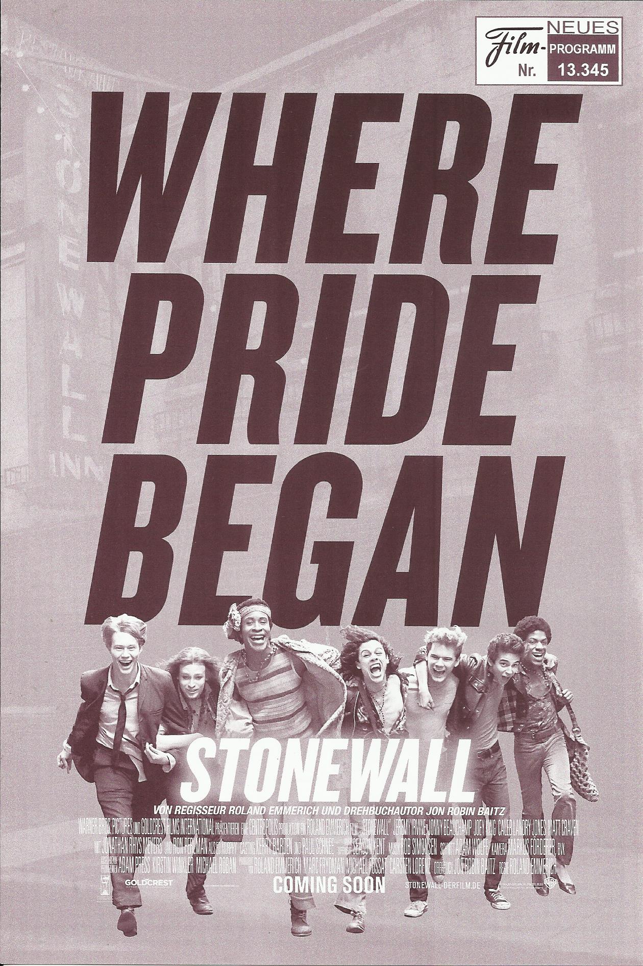 13345: Stonewall ( Roland Emmerich ) Jonathan Rhys Meyers, Ron Perlman, Joey King, Jeremy Irvine, Karl Glusman, Caleb Landry Jones, Atticus Mitchell, Jonny Beauchamp, Matt Craven, David Cubitt, Andrea Frankle, Mark Camacho, Wilson Gonzalez Ochsenknecht
