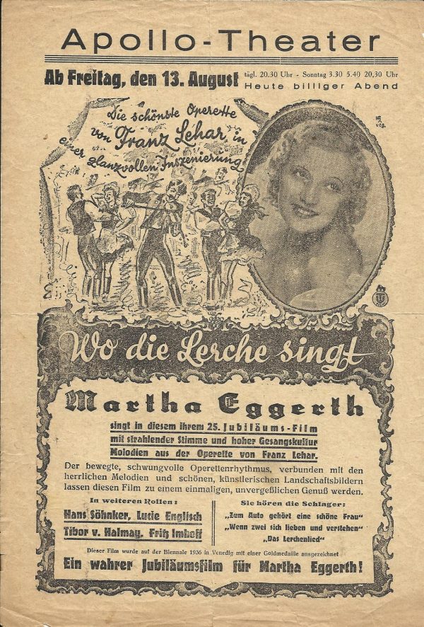 Wo die Lerche singt ( Apollo - Theater ) ( Martha Eggerth ) Hans Söhnker, Lucie Englisch, Tibor von Halmay, Fritz Imhoff
