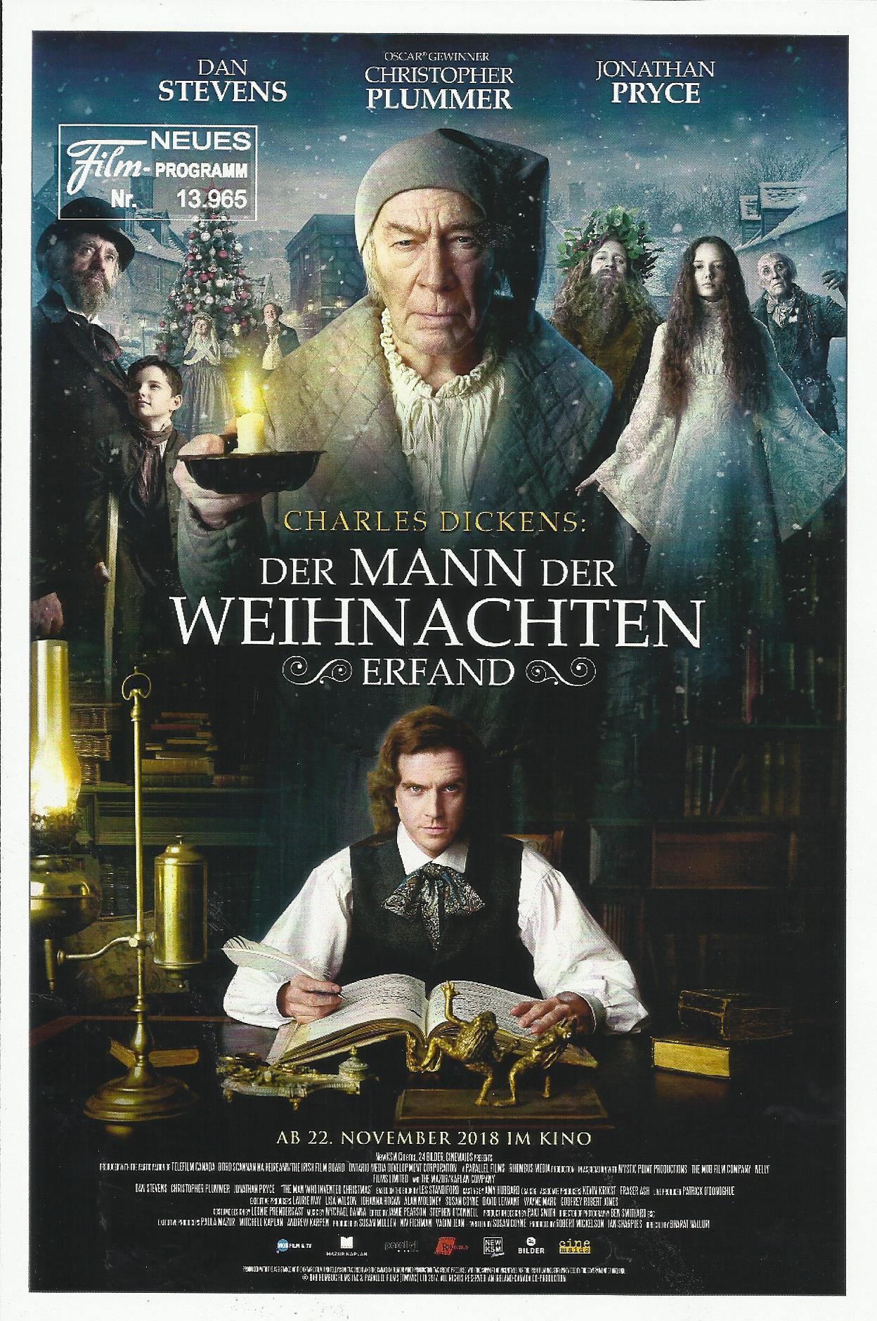 13965: Charles Dickens: Der Mann, der Weihnachten erfand ( Bharat Nalluri ) Dan Stevens, Christopher Plummer, Jonathan Pryce, Justin Edwards, Donald Sumpter, Miles Jupp, Simon Callow, Miriam Margoyles, Ian McNeice, Bill Paterson, Morfydd Clark, Ger Ryan,