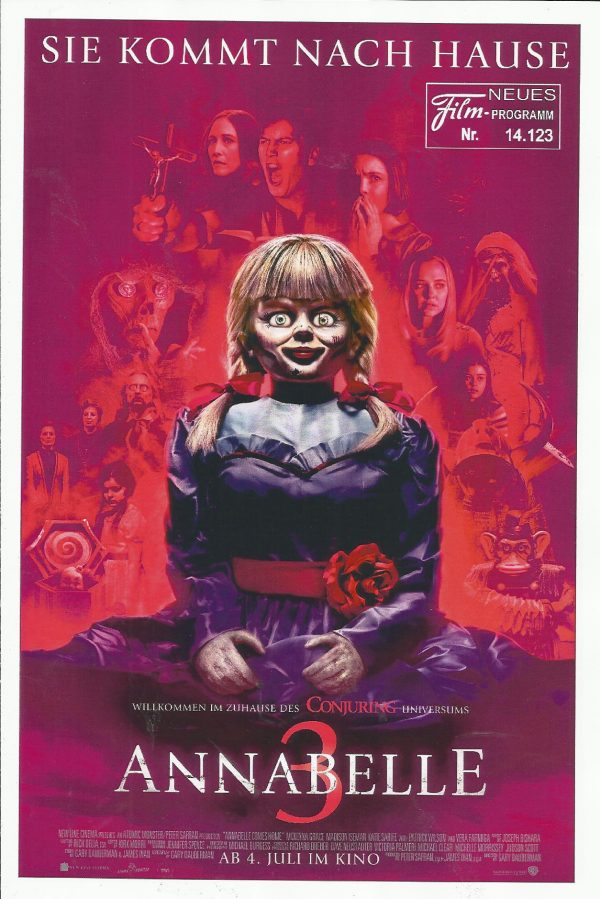 14123: Annabelle 3 ( Gary Dauberman ) Vera Farmiga, Mckenna Grace, Patrick Wilson, Emily Brobst, Samara Lee, Steve Coulter, Stephen Blackehart, Michael Cimino, Luca Luhan, Alison White, Huiquan Cai, Bob Telford, Anthony Wemyss, Madison Iseman, Katie Sarif