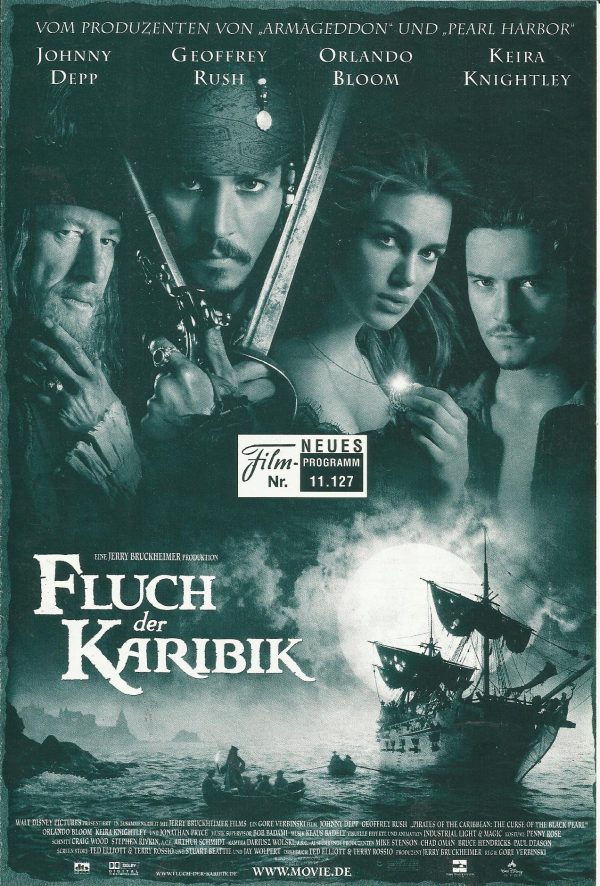 11127: Fluch der Karibik ( Gore Verbinski ) Johnny Depp, Geoffrey Rush, Orlando Bloom, Keira Knightley, Jack Davenport, Jonathan Pryce, Lee Arenberg, Mackenzie Crook, Damian O´Hare, Giles New, Angus Barnett, David Bailie ( grün )