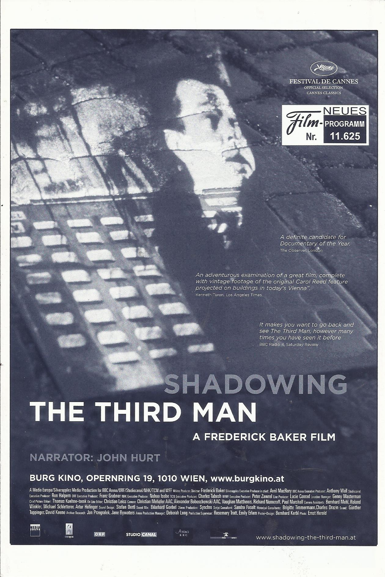 11625: Shadowing the third man ( Frederick Baker ) Angela Allen, Joseph Cotten, Graham Greene, Guy Hamilton, Trevor Howard, Anton Karas, Alexander Korda, Vincent Korda, Carol Reed, David O. Selznick, Alida Valli, Orson Welles, Gino Wimmer