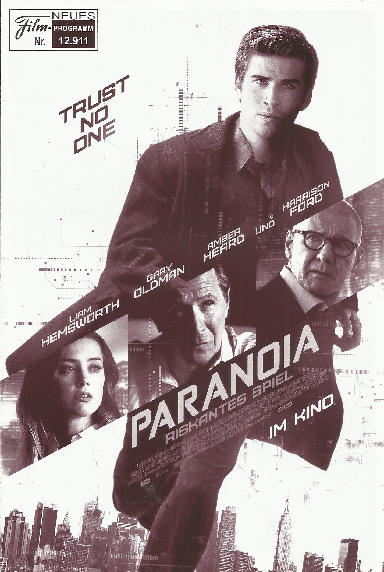 12911: Paranoia - riskantes Spiel ( Robert Luketic ) Liam Hemsworth, Gary Oldman, Amber Heard, Harrison Ford, Richard Dreyfuss, Lucas Till,Embeth Davidtz, Julian McMahon, Josh Holloway, Angela Sarafyan, William Peltz, Kevin Kilner