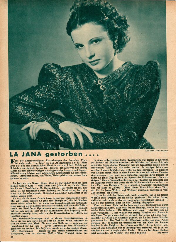 13. März 1940 La Jana gestorben ... Original Bericht 21 x 28,5 cm.