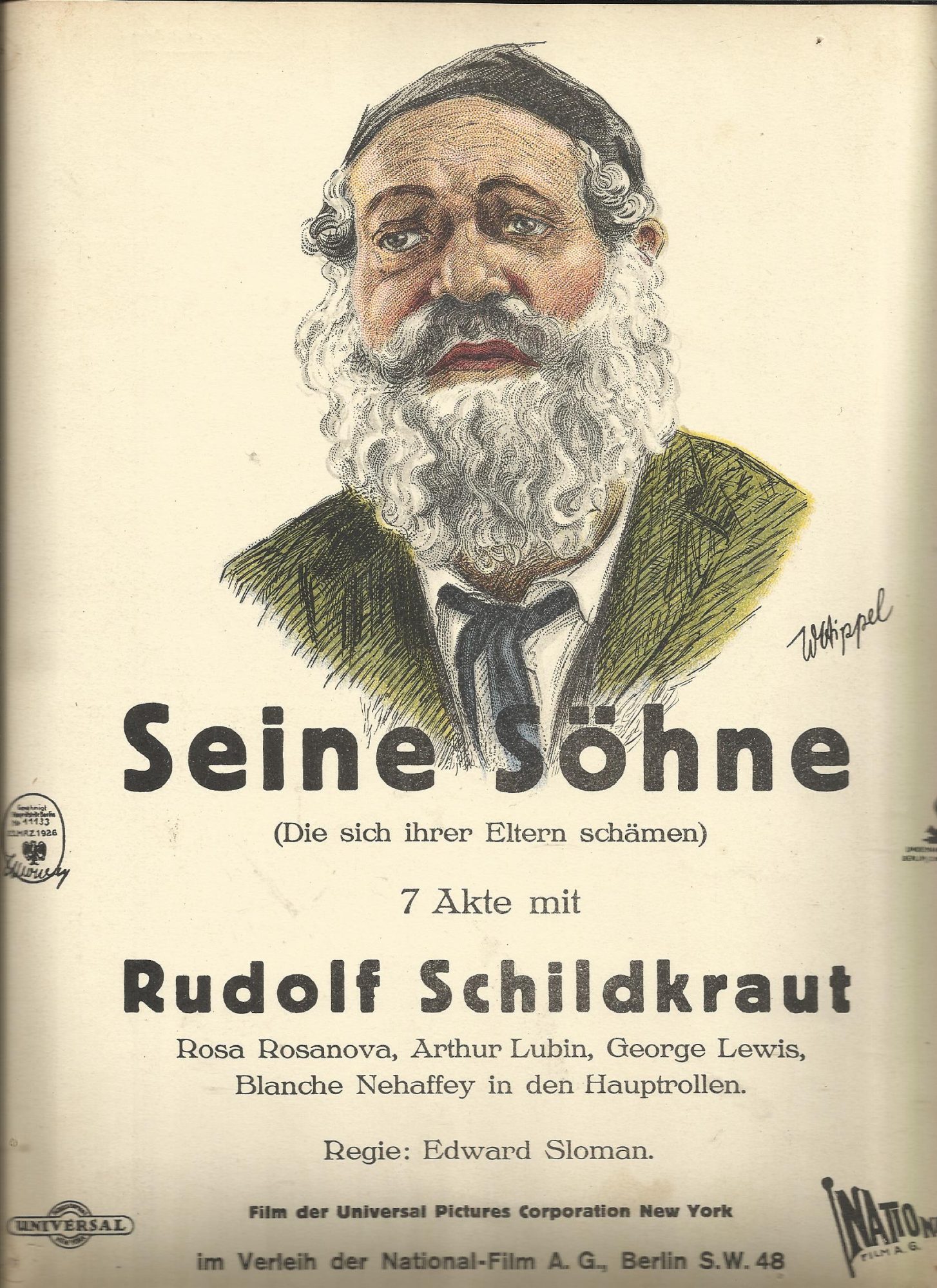 Seine Söhne ( Die sich ihrer Eltern schämen ) Rudolf Schildkraut ( Judaika ) Aushangplakat Original 1926