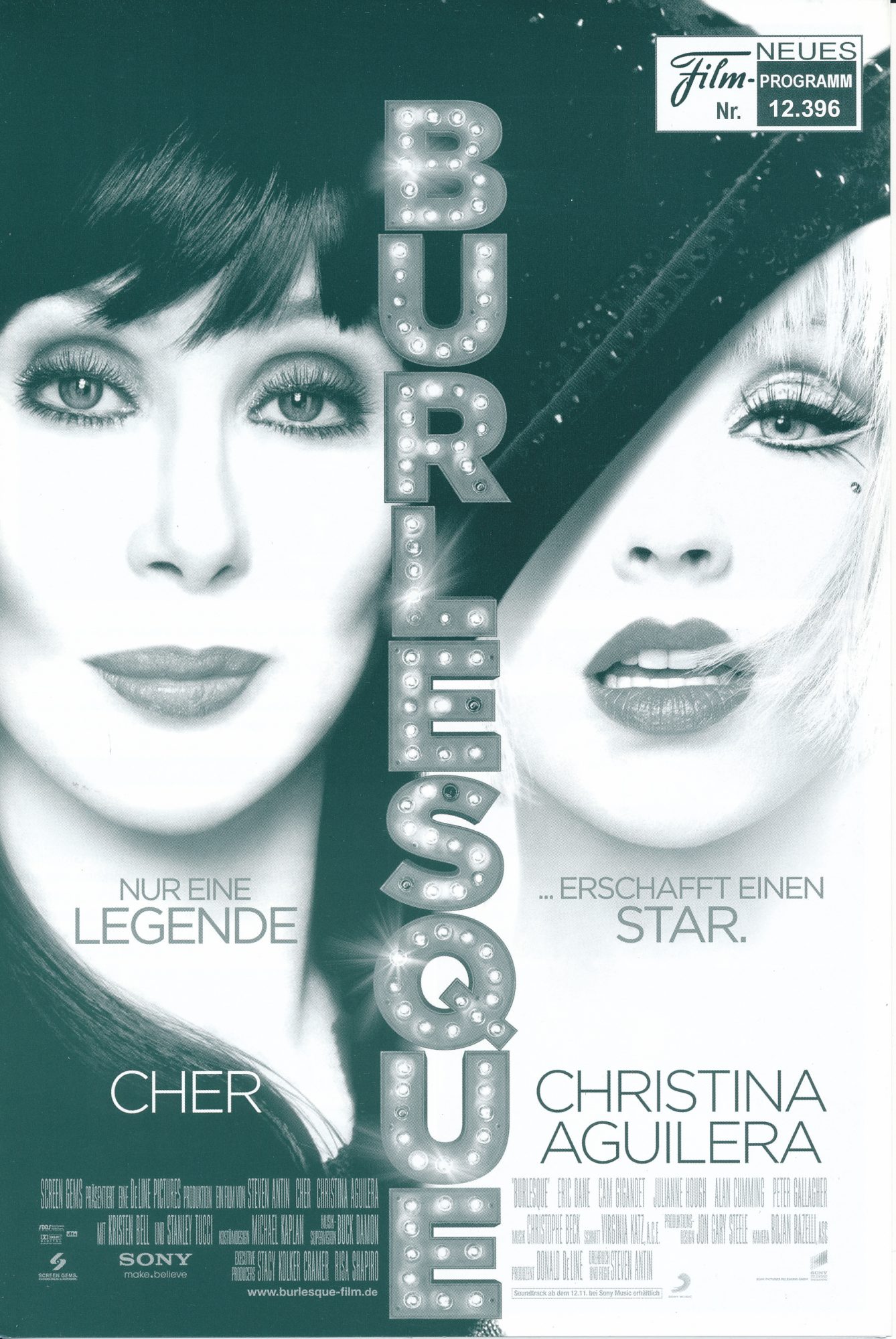 12396: Burlesque ( Steve Antin ) Cher, Christina Aguilera, Eric Dane, Cam Gigandet, Julianne Hough, Alan Cumming, Kristen Bell, Stanley Tucci, Peter Gallagher, Dianna Agran, James Brolin, Matt McAbee, Kesia Elwin, Paul Van Oppen, Michelle Maniscalco, Jenn