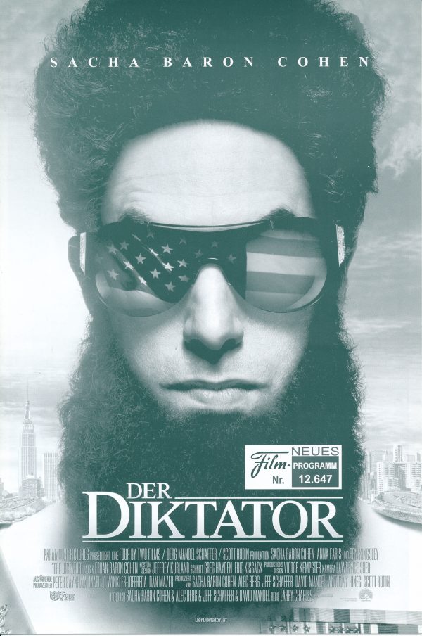 12647: Der Diktator ( Larry Charles ) Sacha Baron Cohen, Olivia Dudley, J. B. Smoove, Kevin Corrigan, Erick Avari, Bobby Lee, Adeel Akhtar, Jenny L. Saldana, Megan Fox, Anna Faris, Ben Kingsley, John C. Reilly, B. J. Novak, Jim Piddock, Aasif Mandvi